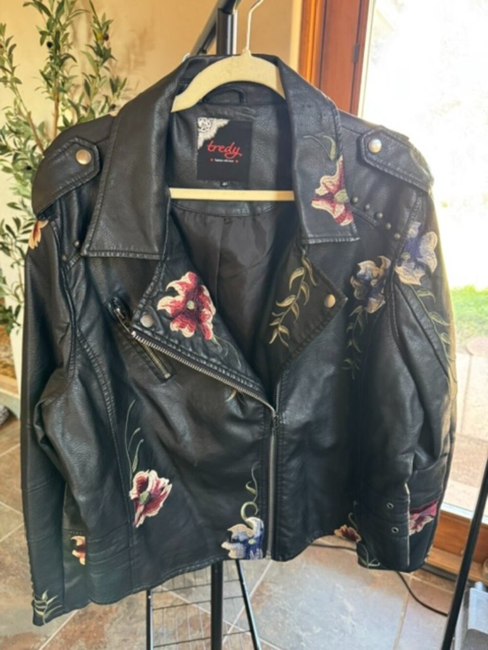 Black Vegan Leather Moto Style Jacket with Embroidery and Decorative Studs